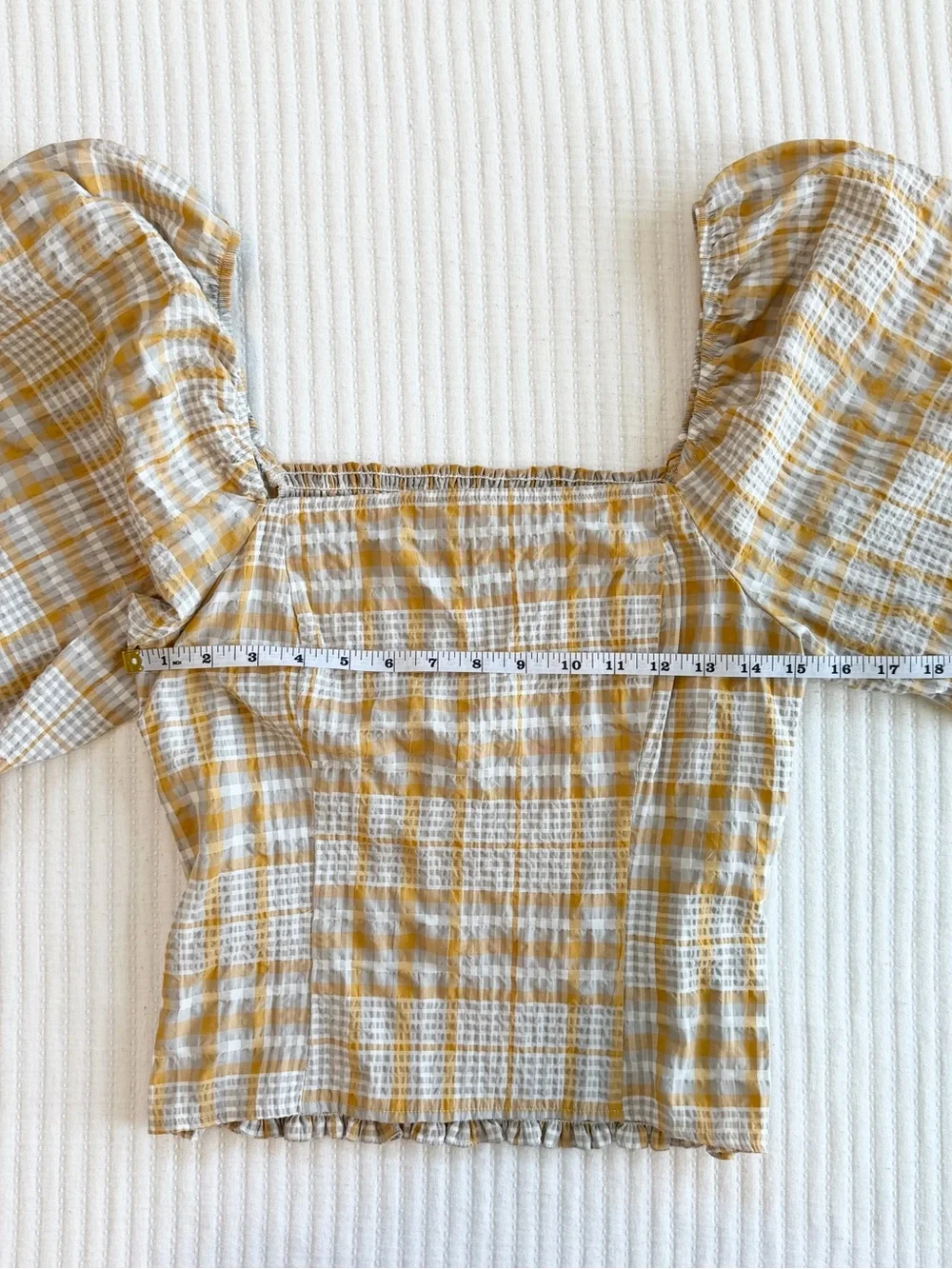 Anthropologie Maeve Plaid Square-Neck Puff Sleeve Smocked Top in Yellow & White